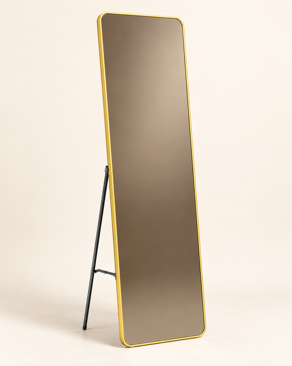 Miroir sur pied « Aura » – Cadre doré fin, verre teinté bronze, angles arrondis
