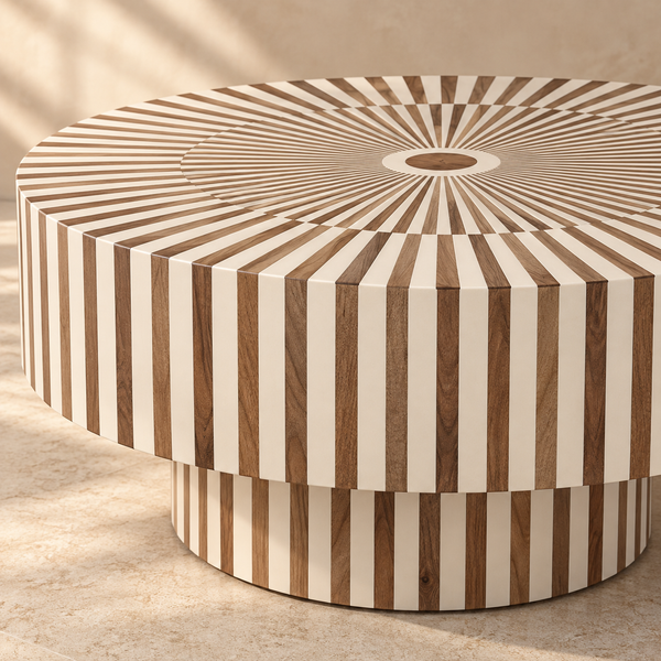 Table Basse Ronde à Rayures Rayonnantes en Bois et Résine Blanche