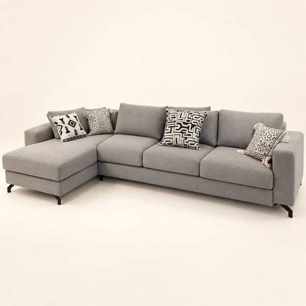 Canapé d'Angle Gris avec Méridienne à Gauche, Tissu Texturé et Pieds Métal Noir