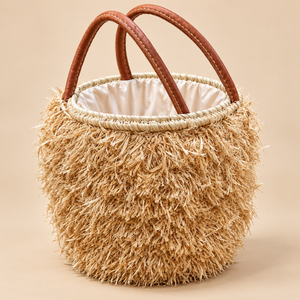 Panier cabas « Raphia » frangé – Anses en cuir et doublure en tissu