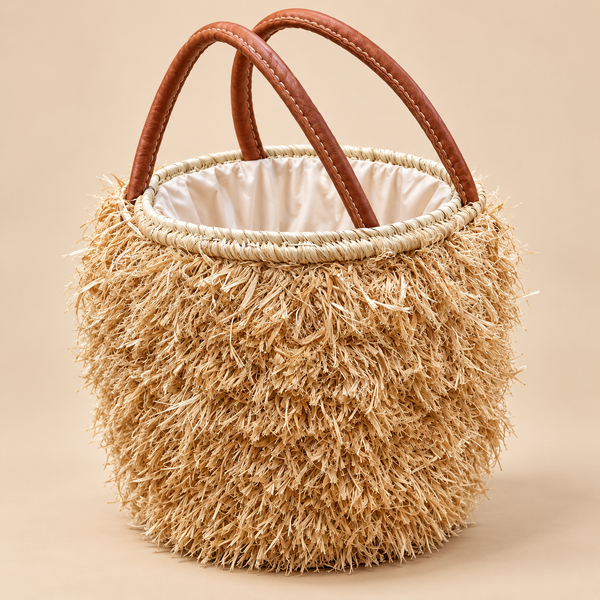 Panier cabas « Raphia » frangé – Anses en cuir et doublure en tissu
