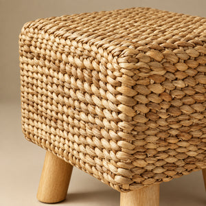 Pouf Tabouret Carré en Jonc Tressé et Pieds en Bois