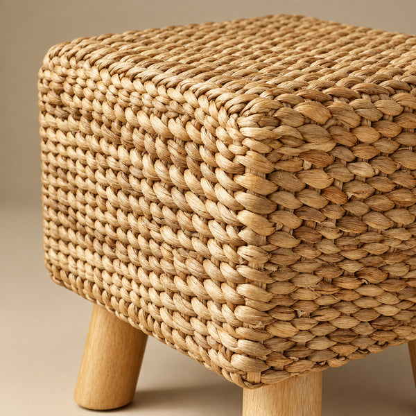 Pouf Tabouret Carré en Jonc Tressé et Pieds en Bois