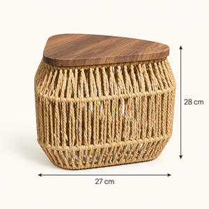 Table d'appoint « Raphia » en corde tressée – Plateau triangulaire en bois effet noyer