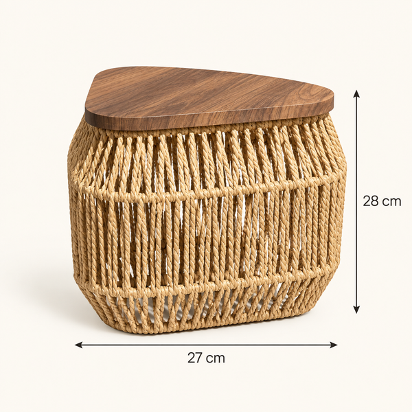 Table d'appoint « Raphia » en corde tressée – Plateau triangulaire en bois effet noyer