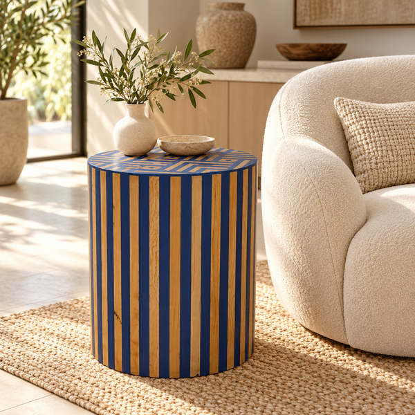 Table d'Appoint Cylindrique en Bois de Chêne et Laque Bleu Roi, Plateau Géométrique