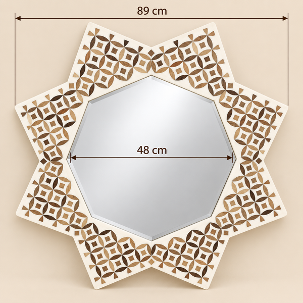 Miroir mural étoilé en bois – Motif géométrique marocain incrusté, style oriental