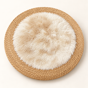 Tapis rond « Douceur » en fibre naturelle tressée et fourrure synthétique – Bordure en jonc