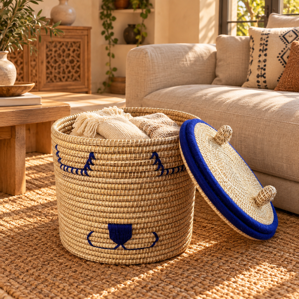 Panier de rangement ourson avec couvercle, fibres naturelles et fil bleu, pour chambre d'enfant