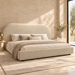 Lit « Lune » en tissu bouclé beige – Tête de lit ovale, design bas
