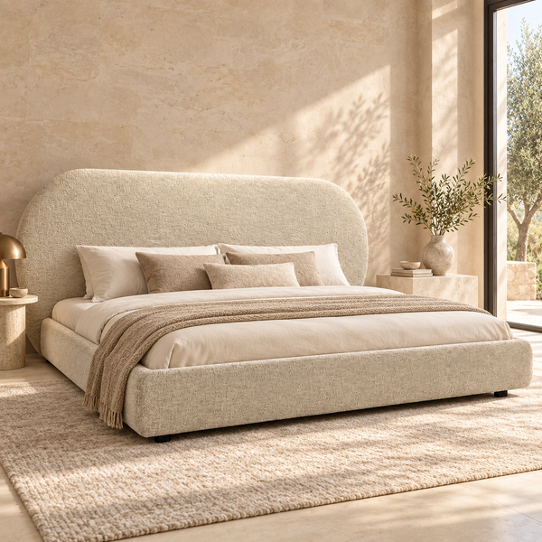 Lit « Lune » en tissu bouclé beige – Tête de lit ovale, design bas