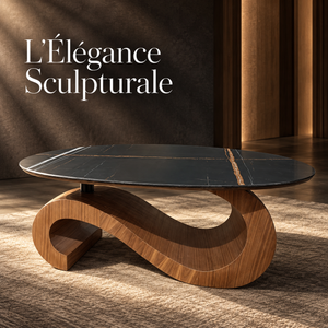 Table basse sculpturale en S – Base en noyer et plateau ovale noir effet marbre