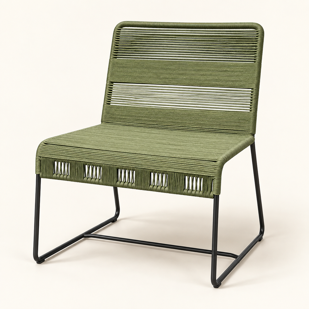 Fauteuil lounge en corde tressée – Structure luge en métal noir et assise vert olive