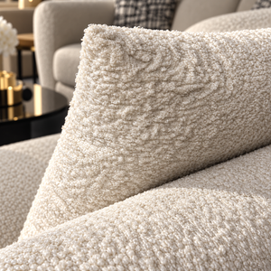 Ensemble salon 2+1+1 en tissu bouclé crème – Pieds bois noyer & design arrondi