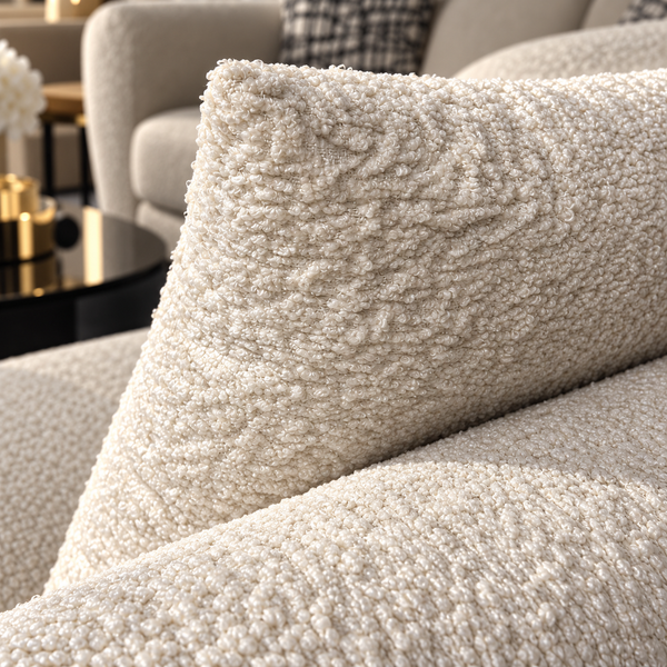 Ensemble salon 2+1+1 en tissu bouclé crème – Pieds bois noyer & design arrondi