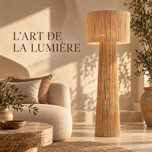 Lampadaire en Raphia Naturel, Pied Conique Ajouré et Grand Abat-jour Cylindrique