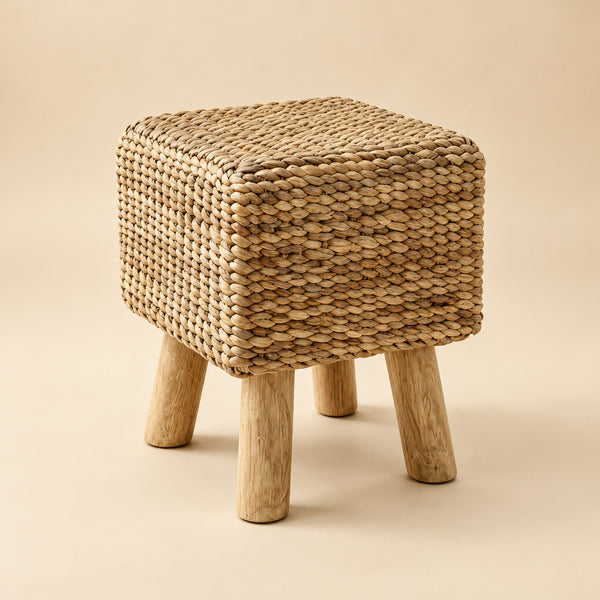 Pouf Tabouret Carré en Jonc Tressé et Pieds en Bois