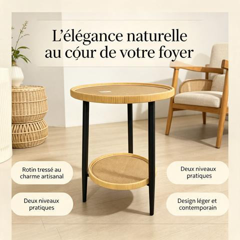 Table d’appoint ronde à deux niveaux en rotin