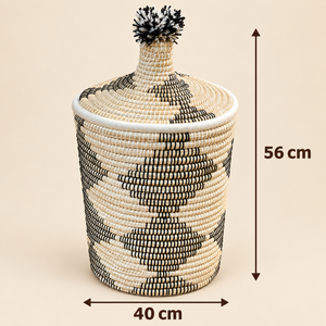 Panier de rangement avec couvercle et pompon noir et blanc, fibres naturelles, style berbère