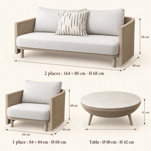 Salon de jardin 4 pièces – Canapé 2 places, 2 fauteuils et table basse ronde en corde tressée beige