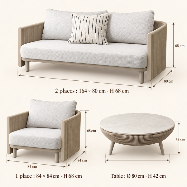 Salon de jardin 4 pièces – Canapé 2 places, 2 fauteuils et table basse ronde en corde tressée beige