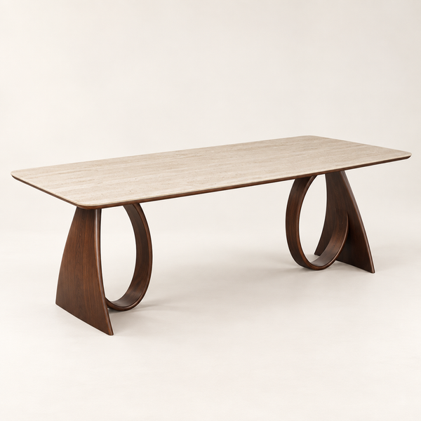 Table à manger rectangulaire sculpturale – Plateau effet travertin et piètements arqués en noyer