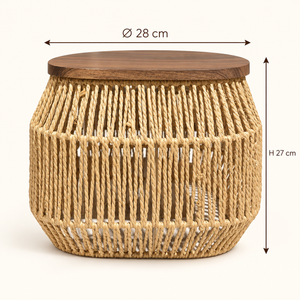 1791041040362_image.png Table basse « Raphia » en corde tressée – Plateau carré en bois effet noyer