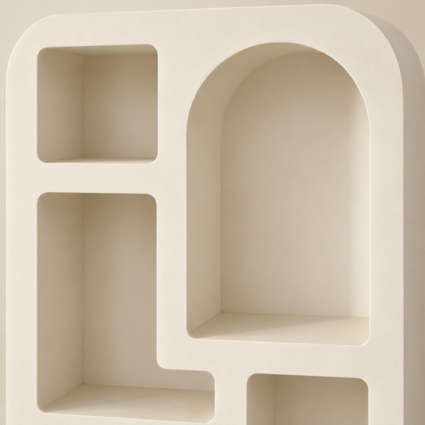 Bibliothèque sculpturale à niches – Étagère design blanc crème aux formes arrondies et arches