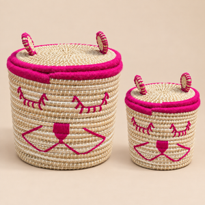 Set de 2 paniers de rangement chaton avec couvercle, fibres naturelles et fil rose fuchsia, pour chambre d'enfant