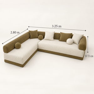 Canapé d'angle bas en bouclette – Assise crème, dossiers boudins et socle vert olive