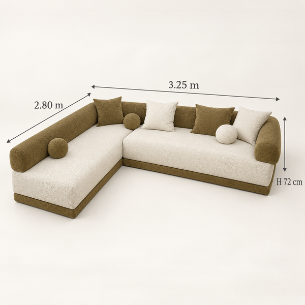 Canapé d'angle bas en bouclette – Assise crème, dossiers boudins et socle vert olive