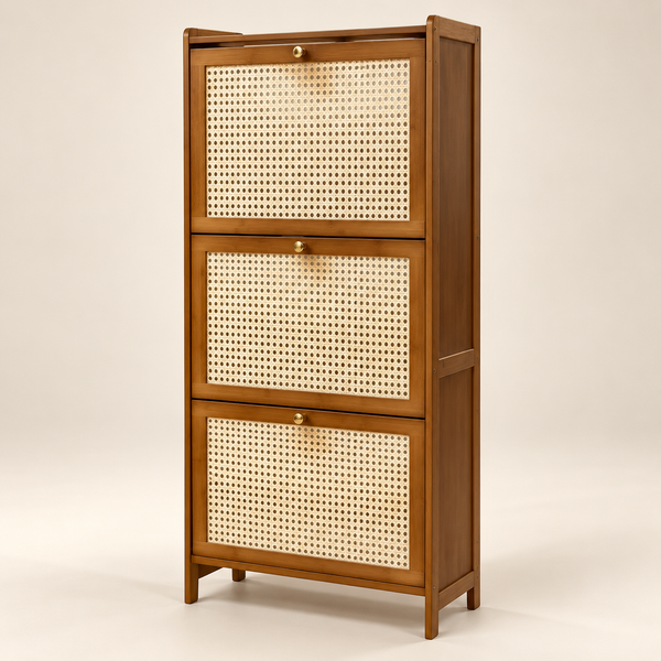 Meuble à chaussures 3 abattants – Structure en bois foncé et façades en cannage rotin