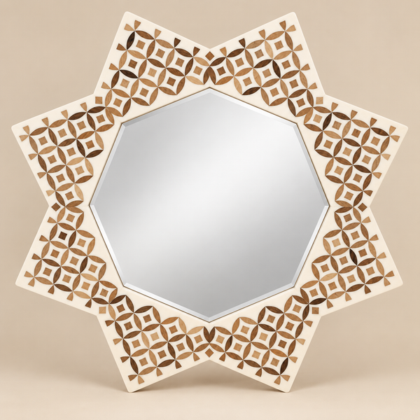 Miroir mural étoilé en bois – Motif géométrique marocain incrusté, style oriental