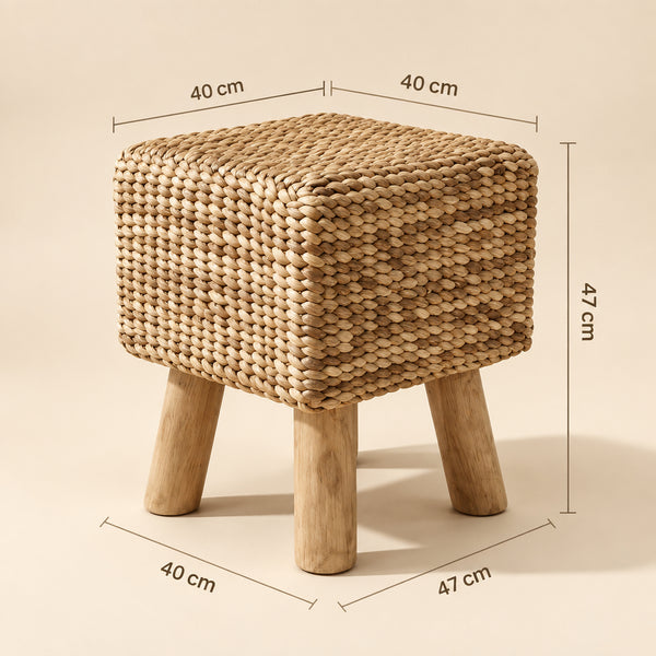 Pouf Tabouret Carré en Jonc Tressé et Pieds en Bois