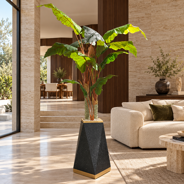 Bananier artificiel en pot géométrique noir et laiton – Plante haute effet naturel