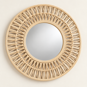 Miroir rond « Rayonnant » en rotin et bambou – Cadre ajouré effet soleil, finition naturelle