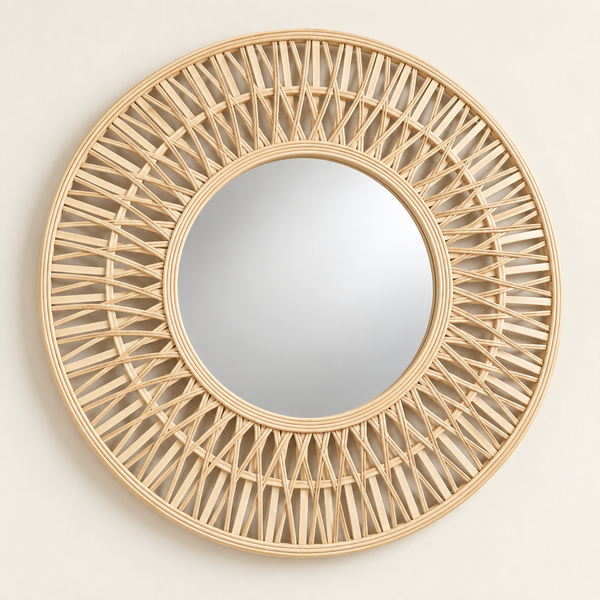 Miroir rond « Rayonnant » en rotin et bambou – Cadre ajouré effet soleil, finition naturelle