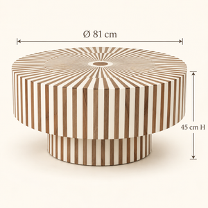 Table Basse Ronde à Rayures Rayonnantes en Bois et Résine Blanche