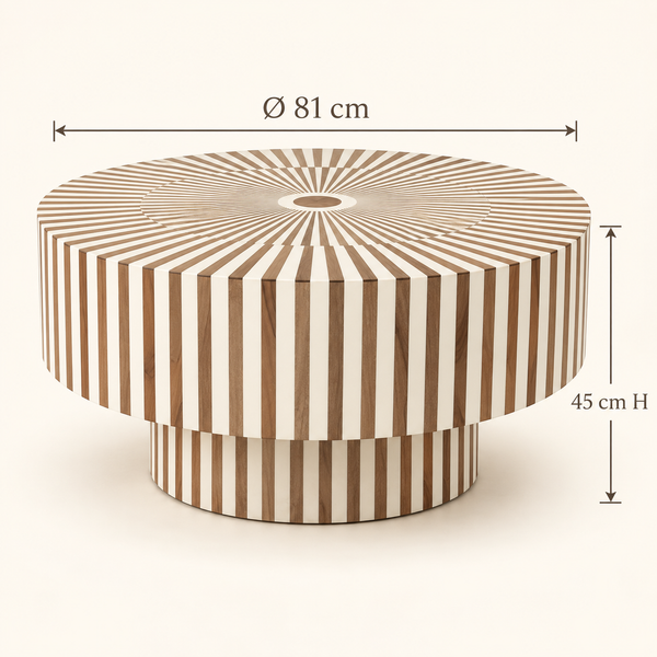 Table Basse Ronde à Rayures Rayonnantes en Bois et Résine Blanche