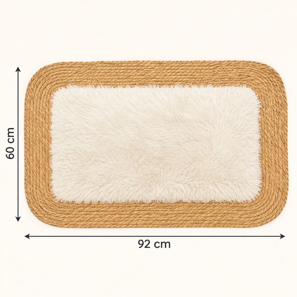 Tapis rectangulaire « Nuage » en fibre naturelle tressée et fourrure synthétique blanche – Bordure en jonc, format vertical