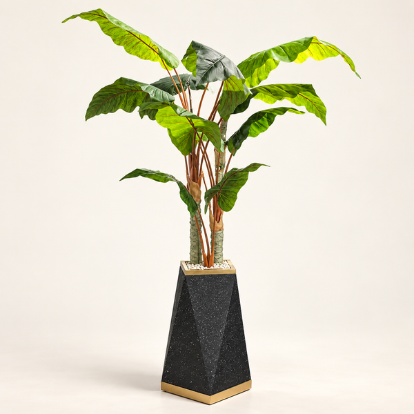 Bananier artificiel en pot géométrique noir et laiton – Plante haute effet naturel