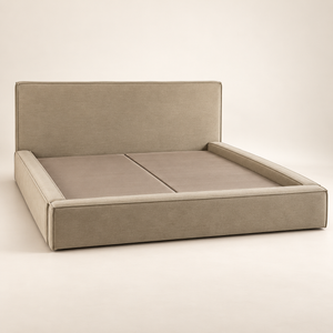 Lit Plateforme Taupe en Velours Ras, Tête de Lit Droite avec Passepoil