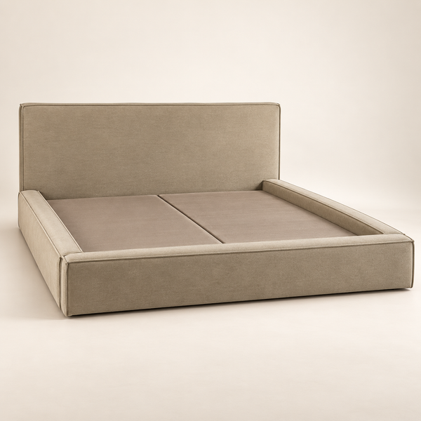 Lit Plateforme Taupe en Velours Ras, Tête de Lit Droite avec Passepoil