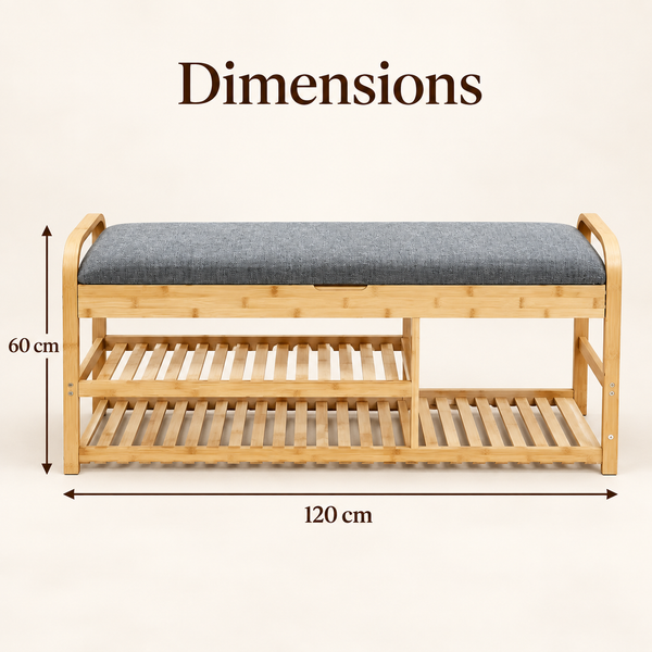 Banc à chaussures en bambou avec assise rembourrée gris – Rangement 2 niveaux & poignées courbes