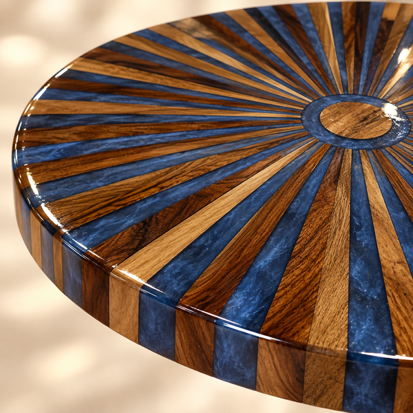 Table basse ronde « Rayons » en bois et résine bleue – Plateau effet soleil, pieds épingle noirs