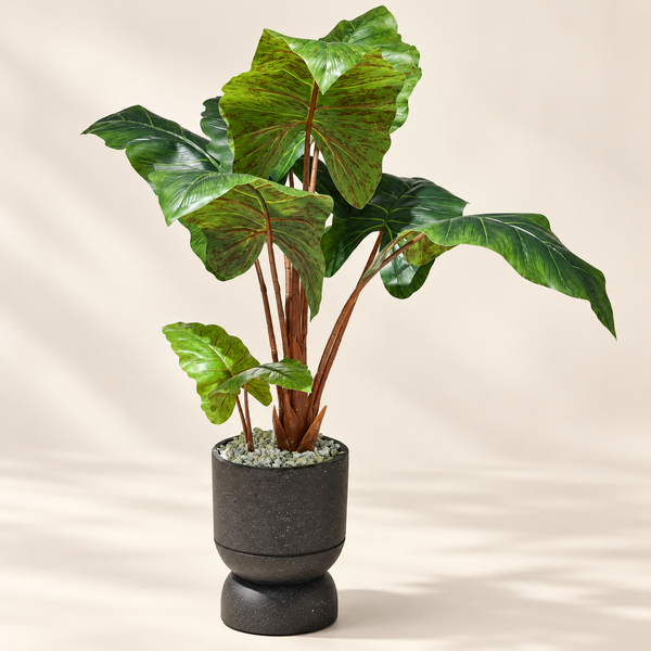 Plante Artificielle Alocasia à Grandes Feuilles Tachetées avec Pot Noir Effet Pierre sur Pied