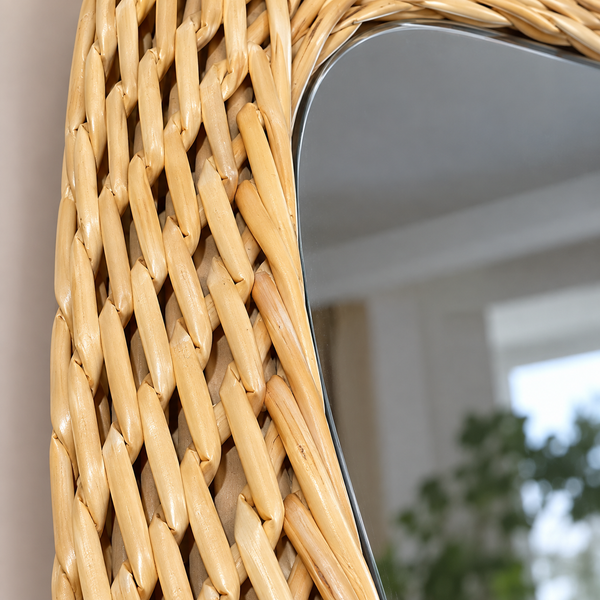 Miroir mural ovale en fibres naturelles tressées main – Cadre artisanal style bohème