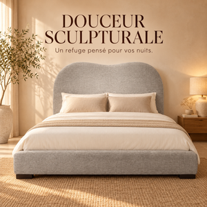 Lit Plateforme Gris Chiné en Tissu Bouclé, Tête de Lit Courbe Ondulée