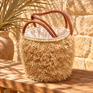 Panier cabas « Raphia » frangé – Anses en cuir et doublure en tissu