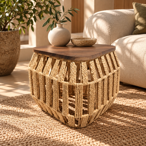 Table d'appoint « Raphia » en corde tressée – Plateau triangulaire en bois effet noyer
